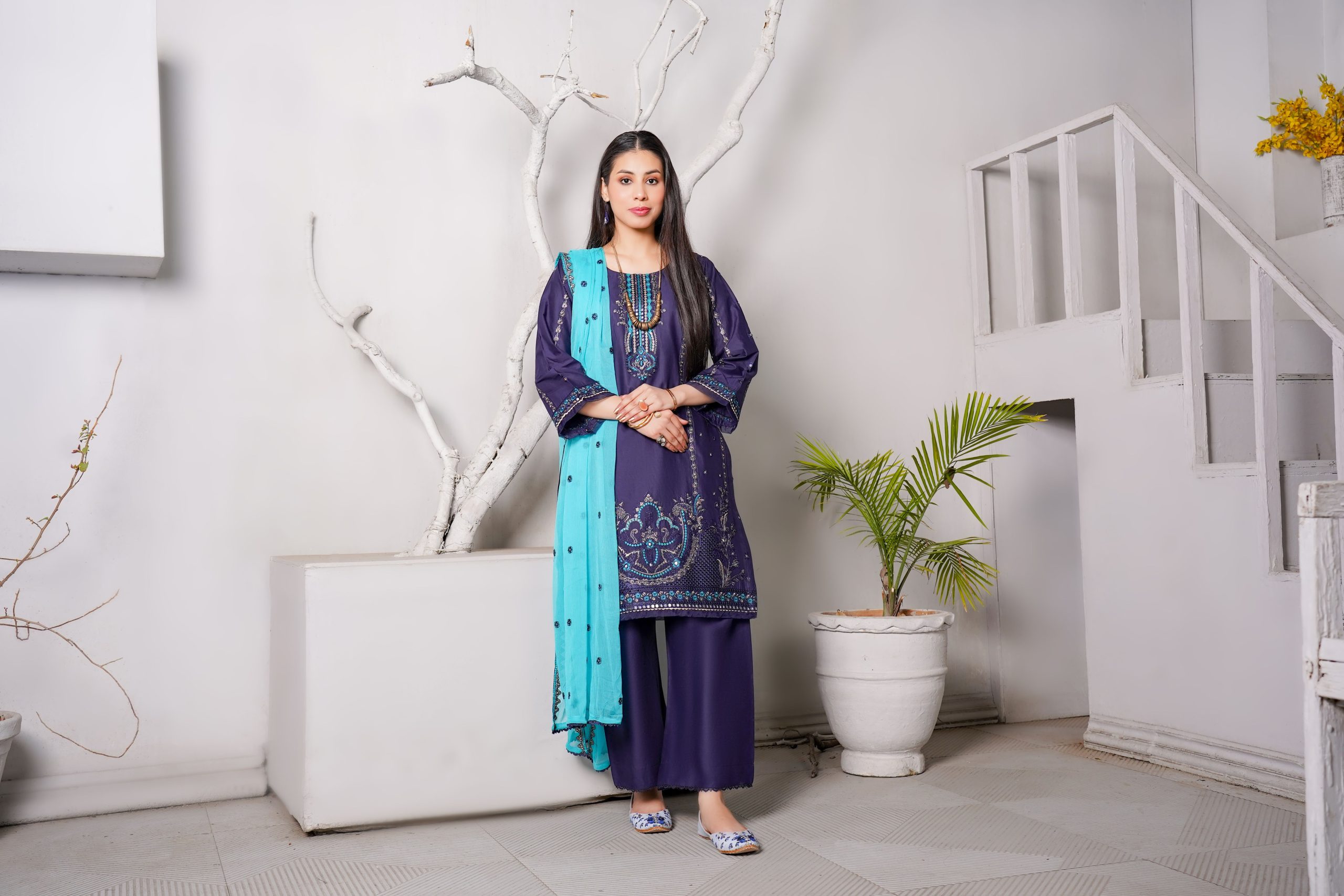 A poised woman in elegant traditional Pakistani clothing poses indoors with stylish decor.